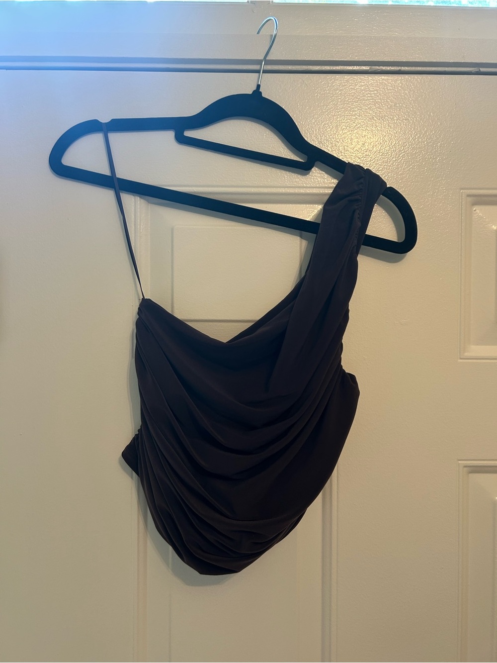 Express One-Shoulder Draped Top in Dark Brown